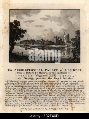 Blick auf Lambeth Palace, London. Fischer an Land und in einem Boot, das ein Netz im See transportiert. Aus einem Gemälde von William Marlow. Kupferstich von John Thomas Smith nach Originalzeichnungen von Mitgliedern der Society of Antiquaries aus seinem J.T. Smith's Antiquities of London and its Environs, J. Sewell, R. Folder, J. Simco, London, 1796. Stockfoto