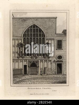 Gildenhallenkapelle, 1440 umgebaut, Teil der Guildhall aus dem 12. Jahrhundert in London. Kupferstich von John Thomas Smith nach Originalzeichnungen von Mitgliedern der Society of Antiquaries aus seinem J.T. Smith's Antiquities of London and its Environs, J. Sewell, R. Folder, J. Simco, London, 1791. Stockfoto