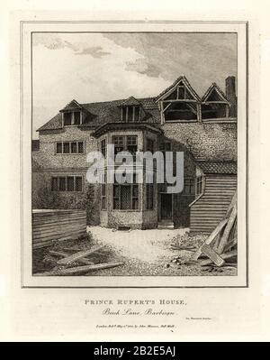 Prince Rupert's House, Beech Lane, Barbican. Jahrhundert für Prinz Rupert vom Rhein, Herzog von Cumberland 1619-1682 erbaut. Kupferstich von John Thomas Smith nach Originalzeichnungen von Mitgliedern der Society of Antiquaries aus seinem J.T. Smith's Antiquities of London and its Environs, J. Sewell, R. Folder, J. Simco, London, 1800. Stockfoto