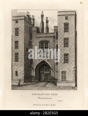 Lincoln's Inn Gate, Chancery Lane, London. Eines der vier Inns of Court in London, das im 15. Jahrhundert erbaut wurde. Kupferstich von John Thomas Smith nach Originalzeichnungen von Mitgliedern der Society of Antiquaries aus seinem J.T. Smith's Antiquities of London and its Environs, J. Sewell, R. Folder, J. Simco, London, 1800. Stockfoto