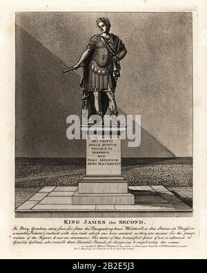 Statue des englischen Königs James II. In der Tracht als römischer Kaiser, Jacobus Seundus, entworfen von Grinlin Gibbons, in den Privy Gardens. Kupferstich von John Thomas Smith nach Originalzeichnungen von Mitgliedern der Society of Antiquaries aus seinem J.T. Smith's Antiquities of London and its Environs, J. Sewell, R. Folder, J. Simco, London, 1791. Stockfoto