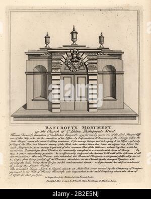 Denkmal von Thomas Bancroft, Lord Mayor's Officer, in der Kirche St. Helen, Bishopsgate Street. Kupferstich von John Thomas Smith nach Originalzeichnungen von Mitgliedern der Society of Antiquaries aus seinem J.T. Smith's Antiquities of London and its Environs, J. Sewell, R. Folder, J. Simco, London, 17594. Stockfoto