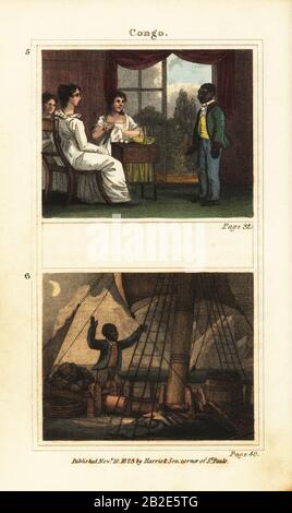 Afrikanische versklavte Person Congo Junior in Livery mit jungen Damen in der Stube 5 und im Kongo, die die weißen Klippen von Dover vom Deck eines Schiffes aus sehen 6. Handfarbige Kupferstichgravur von Eliza Rotch Farrar's The Adventures of Congo auf der Suche nach seinem Meister J. Harris and Son, London, 1823. Eliza Farrar, 1791-1870, war die Tochter einer Walfang-Familie aus Nantucket, die mehrere Kinderbücher weiß. Stockfoto