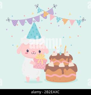 Alles gute zum Geburtstag Schaf Geschenk Kuchen Pfennige Feier Dekoration Karte Vektor Illustration Stock Vektor