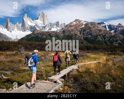 Nationalpark LOS GLACIARES, ARGENTINIEN - CIRCA FEBRUAR 2019: Backpackers Wandern im Nationalpark los Glaciares in Argentinien. Stockfoto