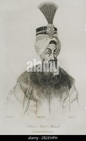 Abdul Hamid I (1725-1789). Sultán del Imperio Otomano. Grabado por Lemaitre, H. Lalaisse y Monnin. Historia de Turquía, por Joseph Marie Jouannin (1783-1844) y Jules Van Gaver. Panorama Universal, edición española de 1840. Stockfoto