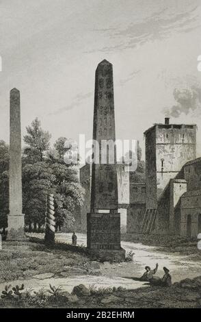 Imperio Otomano. Turquía. Constantinopla (eigentliches Estamul). Vista del antiguo Hipódromo (Circo romano) de la antigua Bizancio, con los restos del obelisco de Teodosio, la columna de las serpientes y el obelisco de Constantino. Grabado por Lemaitre, Vormser y S. Cholet. Historia de Turquía, por Joseph Marie Jouannin (1783-1844) y Jules Van Gaver. Panorama Universum, edición española de 1840. Stockfoto