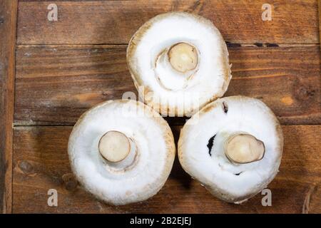 Champignon-Pilze auf einer Holzschnittplatte Stockfoto