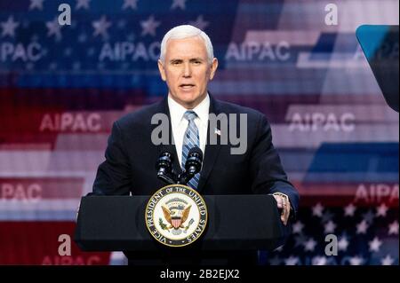 Washington, Vereinigte Staaten. März 2020. Vizepräsident Mike Pence spricht auf der American Israel Public Affairs Committee Policy Conference. Credit: Sopa Images Limited/Alamy Live News Stockfoto