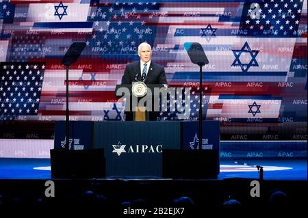 Washington, Vereinigte Staaten. März 2020. Vizepräsident Mike Pence spricht auf der American Israel Public Affairs Committee Policy Conference. Credit: Sopa Images Limited/Alamy Live News Stockfoto