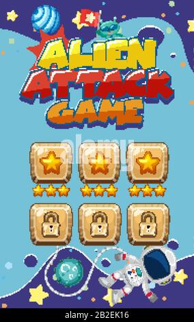 Bildschirmvorlage für Alien-Attack-Spiel mit Astronauten, die im Hintergrund fliegen Stock Vektor