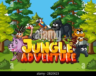 Waldszene mit Wort-Dschungel-Abenteuer und wilden Tieren in Hintergrundillustration Stock Vektor