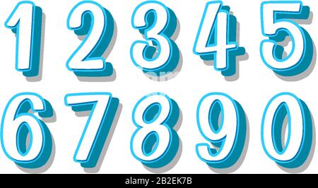 Schriftdesign für Zahlen von eins bis Null auf weißer Hintergrundabbildung Stock Vektor
