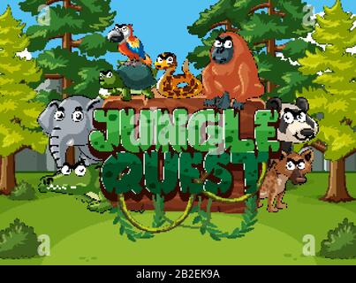 Waldszene mit Wort-Dschungel-Quest und wilden Tieren in Hintergrundillustration Stock Vektor