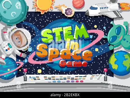 Posterdesign mit Astronaut und Alien in der Kontrollraum-Illustration Stock Vektor