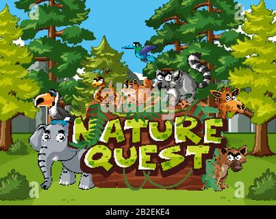 Waldszene mit Wort Natur Quest mit wilden Tieren in Hintergrundillustration Stock Vektor