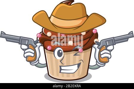 Chocolate Cupcake Cowboy-Cartoon-Konzept mit Waffen Stock Vektor