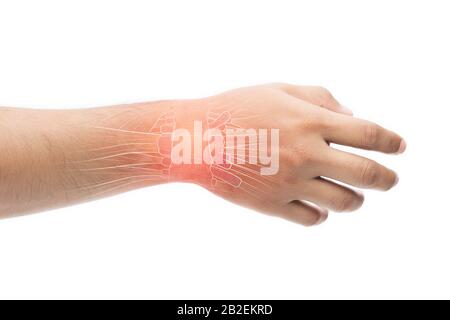 Die Hand des Mannes hat Schmerzen in der Sehne auf einem weißen Hintergrund ( De Quervain's Tenosynovitis oder De Quervain's Disease ), Schmerzkonzept Stockfoto