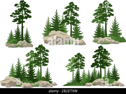 Landschaften mit Bäumen und Felsen Stock Vektor