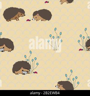 Hedgies erkunden, Igel meißeln Marienkanzen auf nahtlosem Vektormuster auf dem Hintergrund Stock Vektor