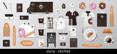 Mockup für Bakery Shop, Café, Restaurant Brand Identity. Realistisches Bakery-Paket verpacken Becher, Packung, Uniform, Hemd, Baguette, Croissant, Papiertasche Stock Vektor