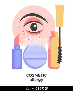 Hautpflege und kosmetische Allergie, Akne auf der Haut, Mascara und Lippenstift Stock Vektor