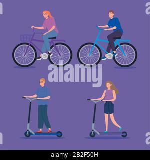 Junge Leute im Fahrrad und Roller Stock Vektor