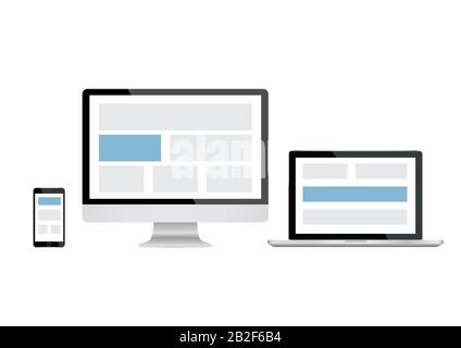Mockup-Gadget und -Gerät. Reaktionsschnelles Design für die Website. Computerbildschirm, Laptop, Smartphone-Symbole festgelegt. Stock Vektor