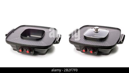 Neuer schwarzer Teflon-Elektrogrill mit Suppentopf in der Mitte isoliert auf weißem Hintergrund Stockfoto