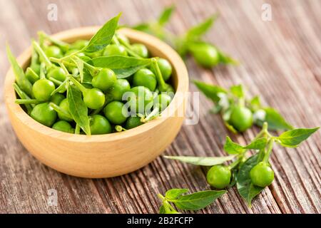 Nahaufnahme grüner Chili- oder Kirschpfeffer in Holzschale auf dem Plankenhintergrund Stockfoto