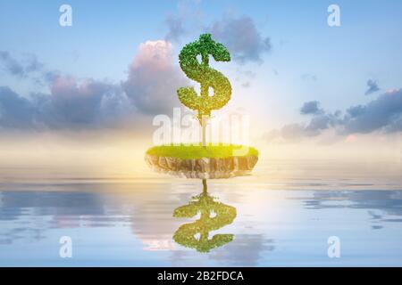 Dollargrüner Baum auf der Insel mit Reflexion im ruhigen Wasser des Ozeans. Naturlandschaft mit Sommerwiese und blauem Himmel. Freundliches Ökosystem für Stockfoto
