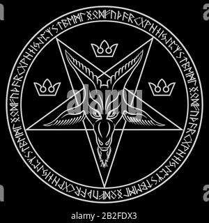 Das Pentagramm, das Zeichen Luzifers. Der Kopf einer gemordeten Ziege in einem Pentagramm. Sigil von Baphomet Stock Vektor