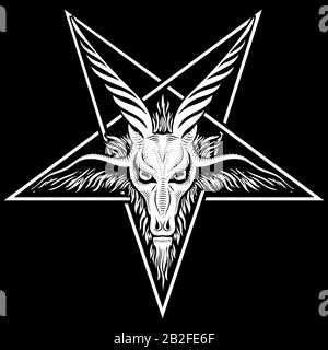 Das Pentagramm, das Zeichen Luzifers. Der Kopf einer gemordeten Ziege in einem Pentagramm. Sigil von Baphomet Stock Vektor