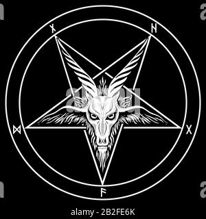 Das Pentagramm, das Zeichen Luzifers. Der Kopf einer gemordeten Ziege in einem Pentagramm. Sigil von Baphomet Stock Vektor