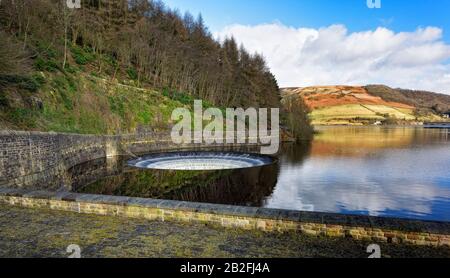 Ladybower Reservoir, Plügholüberlauf, Bellmouth-Abfluss, überlaufen, oberer derwent Valley Peak District, Derbyshire, England, Großbritannien Stockfoto