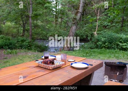 Picknicktisch auf dem Freizeitcamping oder Picknickplatz im Wald, Hühnchen auf dem Tisch. Stockfoto