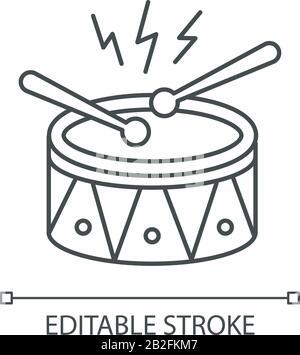 Drum mit Drumsticks Pixel perfektes lineares Symbol. Musikinstrument. Karneval in Brasilien. Samba. Anpassbare Abbildung mit dünner Linie. Kontursymbol Stock Vektor