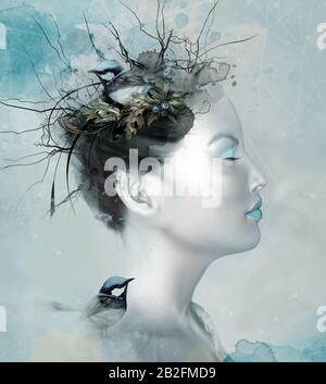 Watercolor surreal Porträt einer Frau Profil mit schönen Vögeln Stockfoto