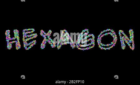 Hexagon in 3D-Darstellung durch bunte kleine Objekte geschrieben, die Schatten auf schwarzem Hintergrund werfen Stockfoto
