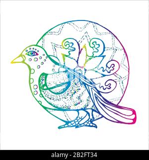 Farbverlaufsdarstellung eines Vogels im Profil mit Hintergrund aus einer Zierde in Form von Sternen mit Hintergrund aus einem ornamentalen Mandala. Stock Vektor