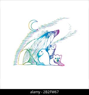 Abbildung mit einer Familie von Bären, die an der Northern Lights. Stock Vektor