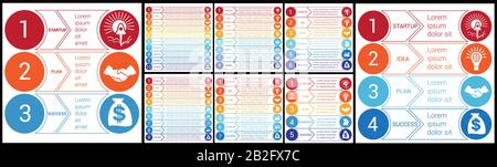 Infografievorlagen. Startbussines minimale Infografievorlagen aus Kreisen und horizontalen bunten Pfeilen 3 4 5 6 7 8 9 10 Positionen Stock Vektor