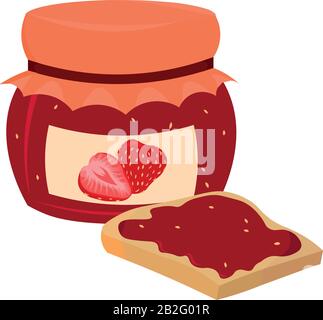 Ein Glas Erdbeermarmelade und Toast. Zutaten für Frühstück, Dessert. Design für Logo, Flyer. Gesunde Ernährung. Stock Vektor