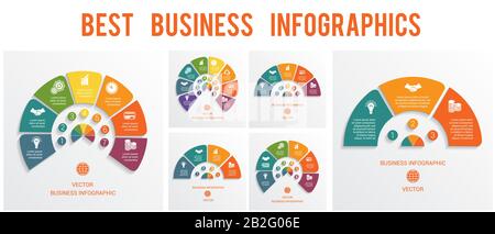 Halbkreis-Infografiken, nummeriert für 3, 4, 5, 6, 7, 8 Optionen. Vektorvorlagen können als Diagramm, Diagramm, Diagramm, Workflow und Geschäftspräsentation verwendet werden Stock Vektor