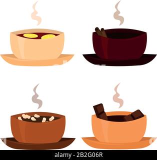 Heiße Getränke: Kaffee, Tee, Kakao, Schokolade. Design der Speisekarte, Café, Kaffeehaus, Flyer, Logo, Druck. Stock Vektor