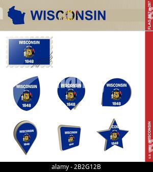 Wisconsin Flag Set, US-Bundesstaat, Flag Set #287. Vektor. Stock Vektor