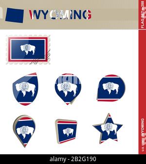 Wyoming Flaggensatz, US-Bundesstaat, Flaggensatz 288 #. Vektor. Stock Vektor