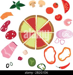 Vektor helle Zutaten für Pizza. Gemüsesorten, Fleisch, Pilze, Meeresfrüchte. Menüdesign, Rezept. Kinderillustration. Stock Vektor