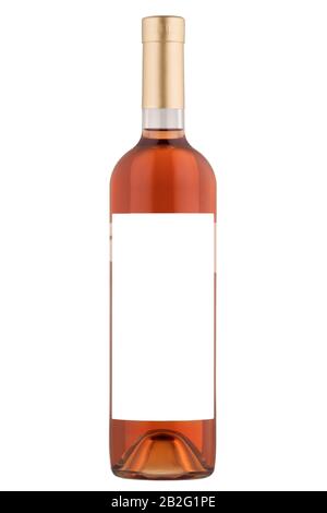 Leere Flasche mit Rosengwein auf weißem Hintergrund Stockfoto