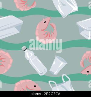 Ökologisches Vektormuster. Plastikbehälter, Gläser, Flaschen im Meer mit Garnelen. Stock Vektor